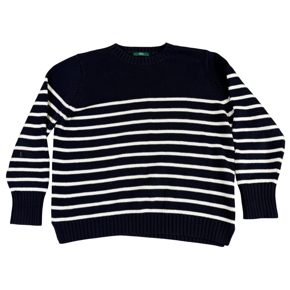 Marks & Spencer Navy Blue White Striped Knit Sweater Shoulder Button Detail XL
